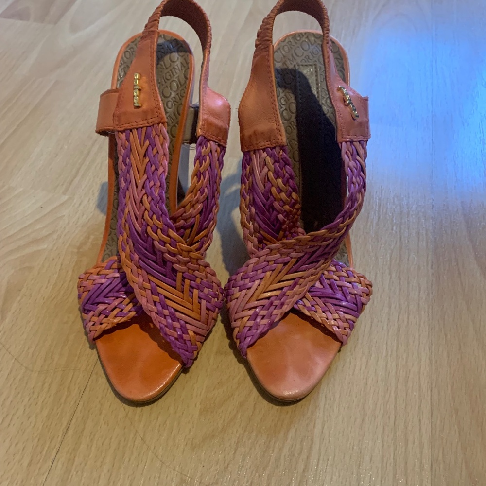 Colcci high heeled sandals, size 7, orange & purple